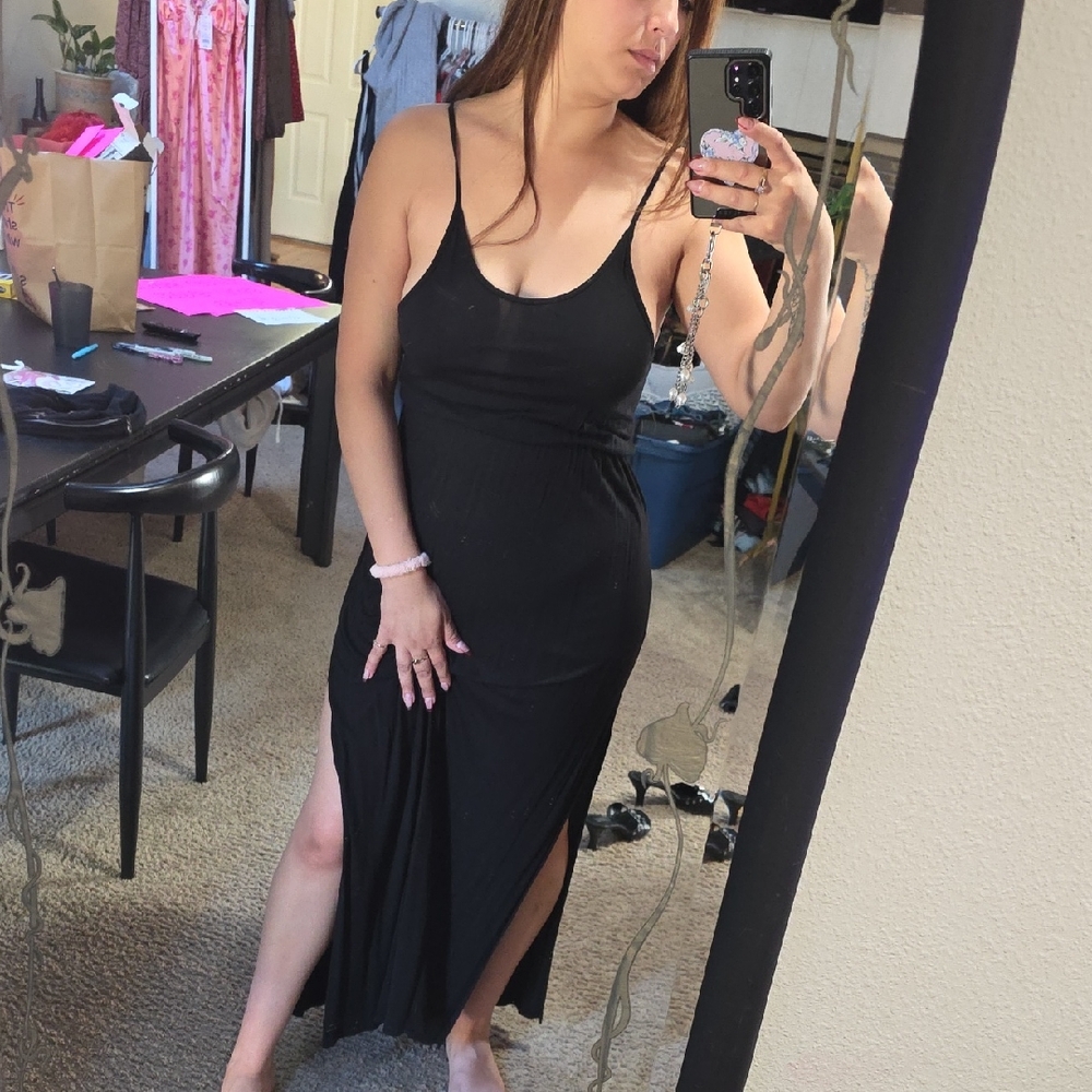 Divided Black Maxi Dress with Spaghetti Straps